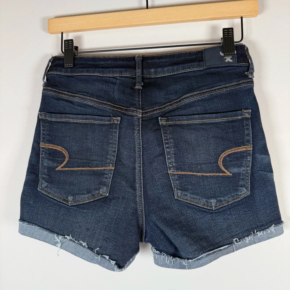 American Eagle Super Hi-Rise Shortie Raw Rolled‎ Hem Denim Blue Jean Shorts 4